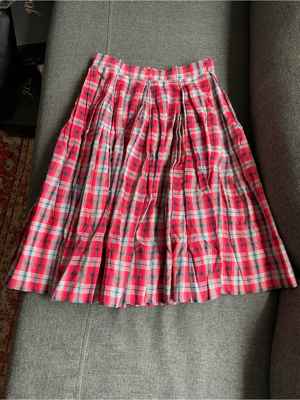 Vintage Red Plaid Pleated Midi Skirt boho 70’s Parisian academic collegiate